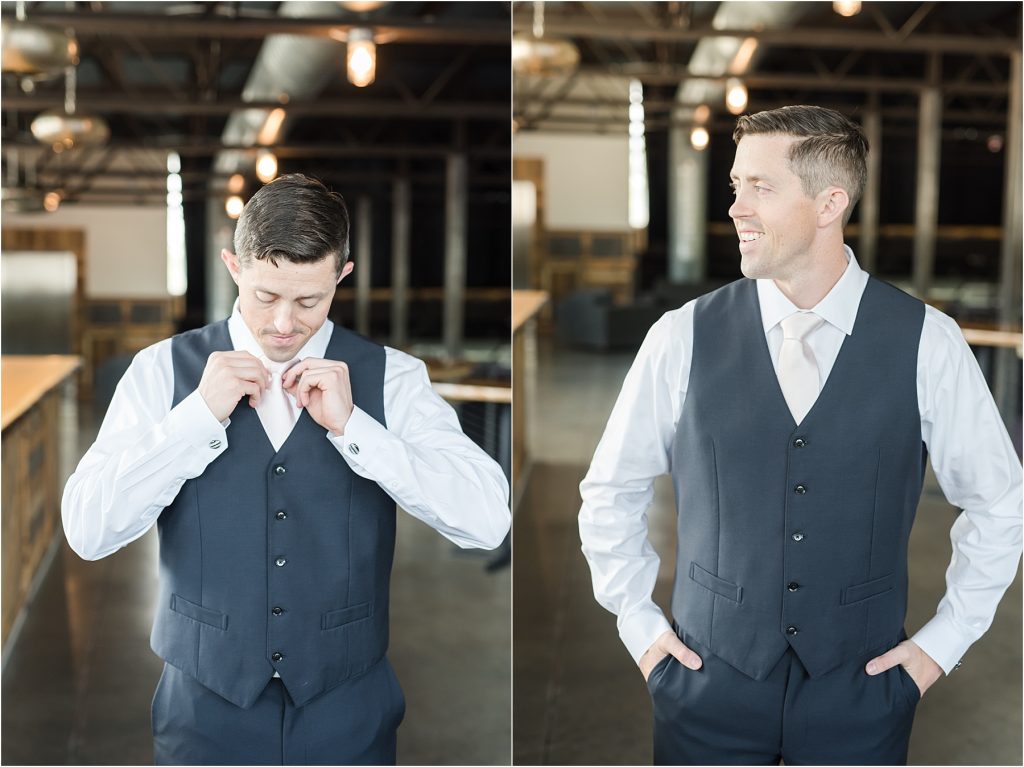 groom getting ready at highland brewing company wedding