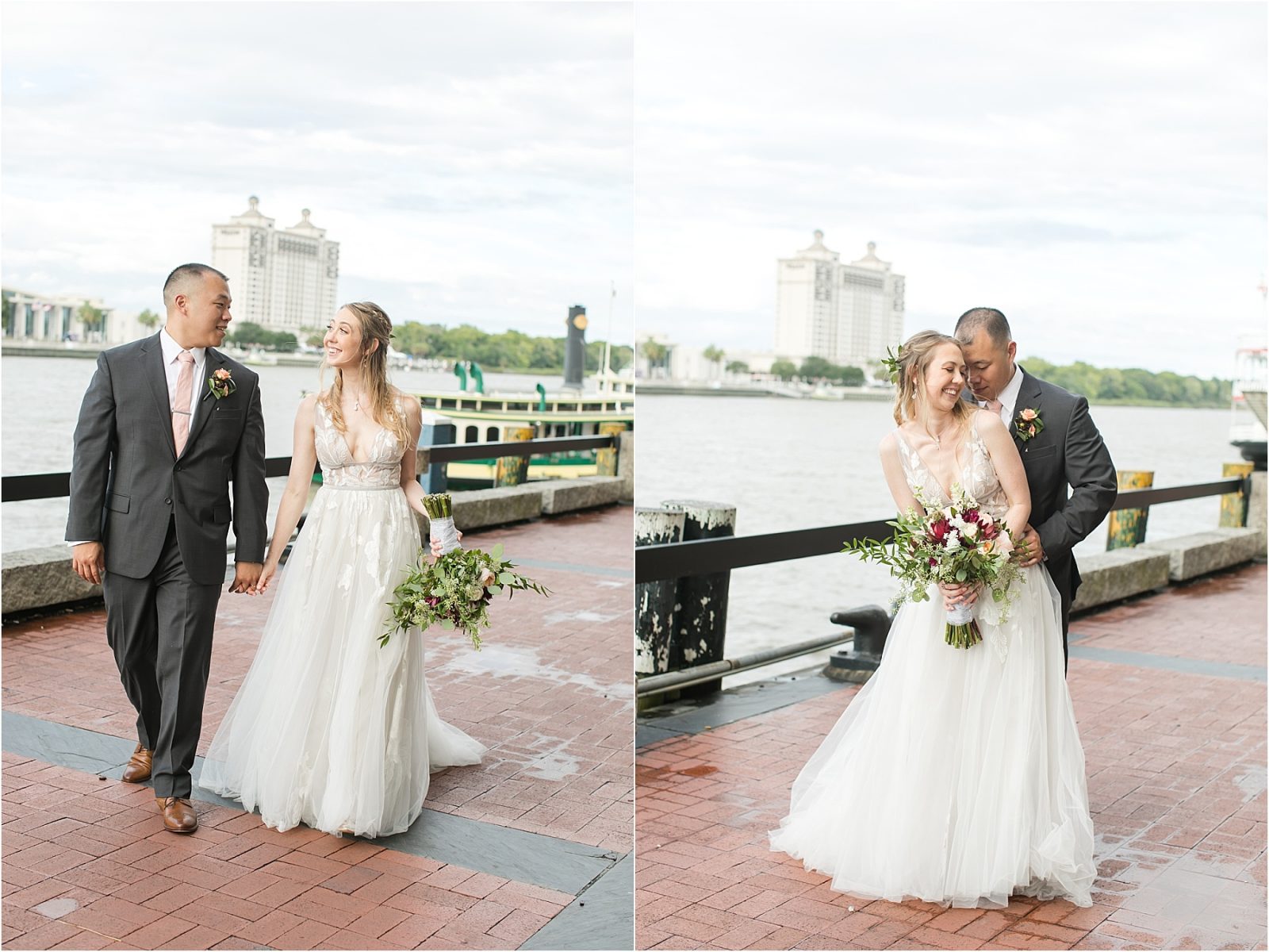 bride and groom on river street